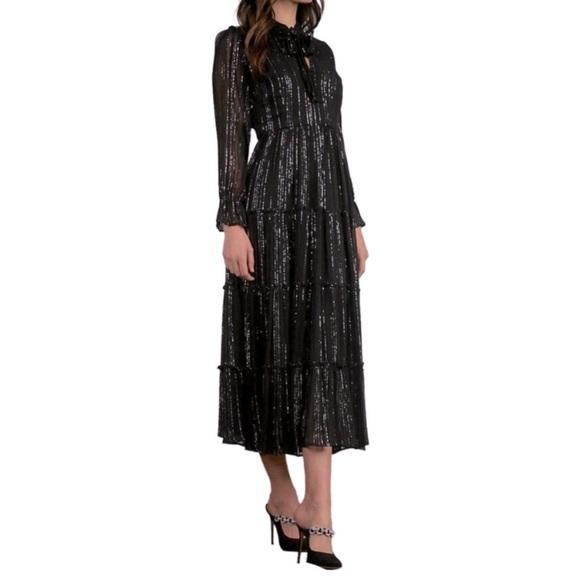 ELAN Shimmer Stripe Maxi Dress Black Silver - Picture 1 of 15